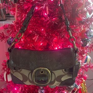 Y2K Coach Brown and Tan Shoulder Bag with gorgeous rainbow plaid lining